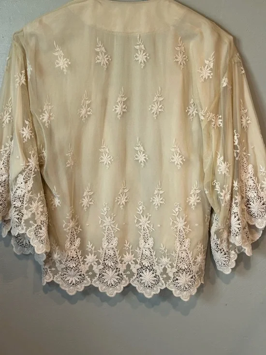 Zara Sheer Embroidered Kimono in Beige with White Lace - Picture 10 of 16